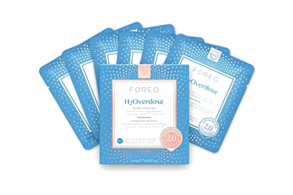 Foreo FOREO H2Overdose avancerad samling 2.0 UFO-aktiverad ansiktsmask, fuktgivande ansiktsmask, ansiktsskönhet, hyaluronsyra och vitamin E, för alla hudtyper, torr och fjällande hud, 6 stycken