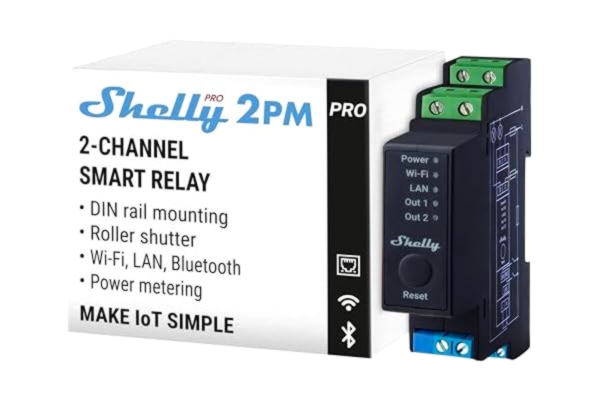 Shelly  Pro 2PM – WiFi- och LAN Trådlös strömbrytare för DIN-skena (2 kanaler, 25 A) med Strömmätare, Fjärrkontroll via app (iOS/Android), Kompatibel med Alexa, Google Home, SmartThings