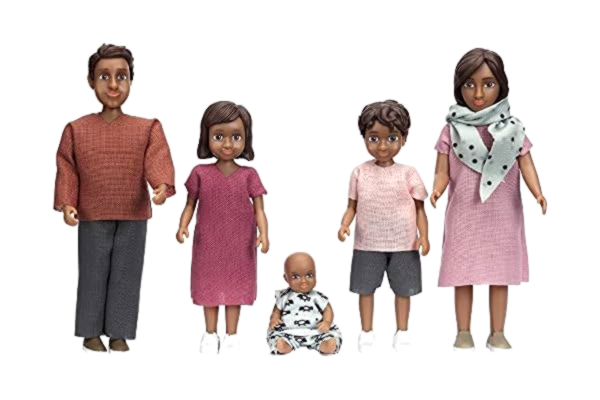 Lundby  Dockhusdockor Set Nikki Familj - 5 Dockor med Kläder till Dockhus 2 vuxna + 3 Barn Etnisk Rörlig Docka med Mörkt Hår till Dockskåp Leksaker för Flickor och Pojkar, Ålder 3+ 1:18.