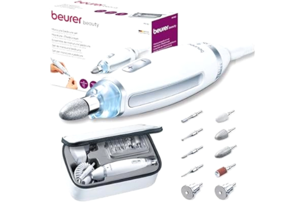 Beurer  MP 62 manikyr/pedikyrset, elektrisk nagelfil med 10 högkvalitativa nagelvårdstillbehör, LED-ljus, steglös hastighetskontroll, med förvaringsväska