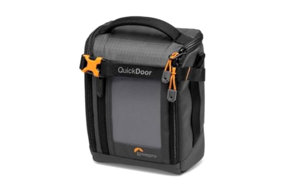 Lowepro  GearUp Creator Box Medium II, Spegelfri kameraväska och DSLR-kameraväska, Snabbåtkomstkameraväska tillverkad av återvunna tyger, vadderad orange inre avdelare, grå