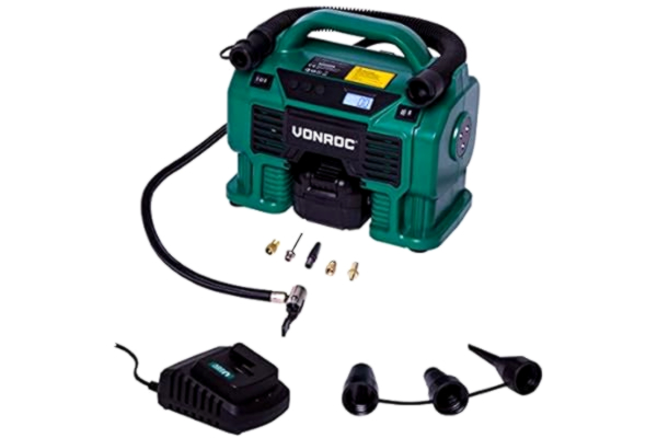 VONROC  Accu compressor VPower 20V – 20V accu & 12V Sigaretten-aanstekeraansluiting - Pomp- en zuigfunctie - Max. werkdruk 11 bar – Incl. 8 accessoires – Incl. 4.0Ah accu en oplader