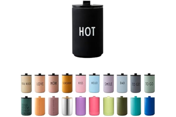 Design Letters  termosmugg HOT | Termosbägare kaffe to go | Kaffemugg To Go i rostfritt stål med dubbla väggar, läckagesäker | Present till kvinnor, män | Resemugg | 350 ml
