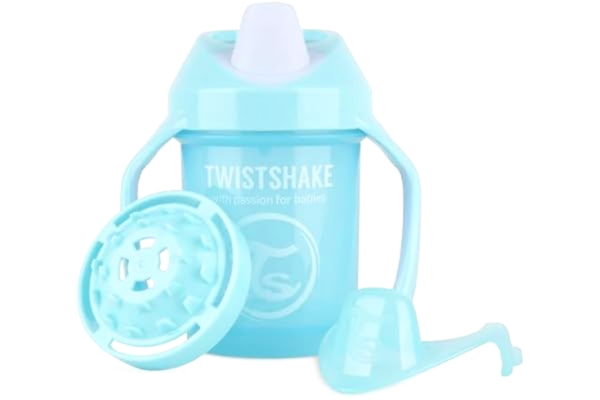 Twistshake  Mini Cup med Handtag och Mjuk Drickpip i Silikon 230ml, Träningskopp för Småbarn Förhindrar Läckage, Läckagesäke Dricka Kopp med Fruktblandare, 4+ Månader, BPA Fri, Pastellblått