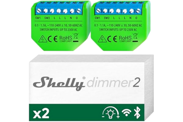 Shelly  Dimmer 2, Interruttore Varialuce Senza Fili, Confezione de 2, Wi-Fi, Nessun Hub o Neutro richiesto, Domotica, Compatibile con Alexa e Google Home, App iOS Android