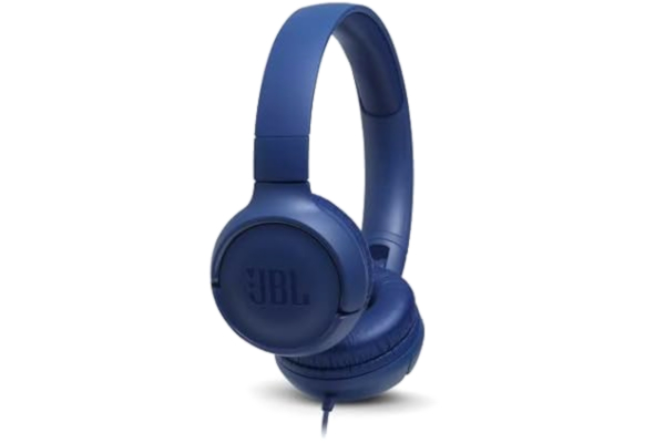 JBL  Tune500 On-Ear hörlurar med kabel i blått – hörlurar med 1 knappfjärrkontroll, integrerad mikrofon och röstassistent – samtal och lyssna på musik på språng
