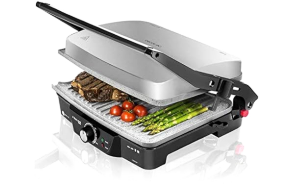 Cecotec  Rock'nGrill 2000 elektrische grill, RockStone antiaanbaklaag, 180º opening, in hoogte verstelbaar, kookoppervlak 30 x 23,5 cm, 2000 W, roestvrij staal en kunststof, staal/zwart