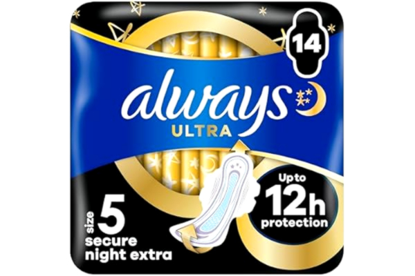 Always  Ultra sanitetsbindor Secure Night Extra (storlek 5) vingar 14 st, superabsorberande och ultratunna, för menstruation