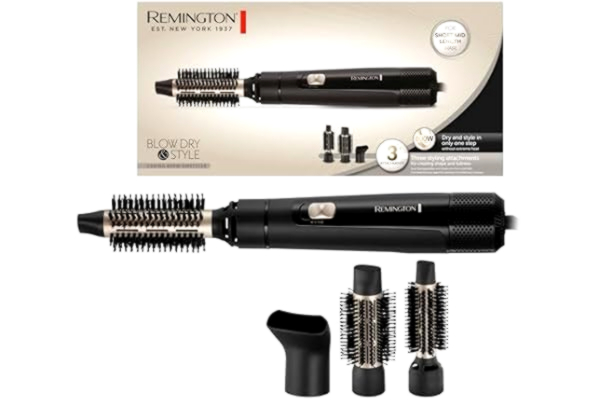 Remington  Varmluftsborste [inkl. 3 tillbehör: 25 mm & 38 mm rund borste, stylingmunstycke] Blow Dry & Style (torkar & stylar för form och fyllighet för kort/medellångt hår) 2 värme- och blåsnivåer, Airstyler AS7300