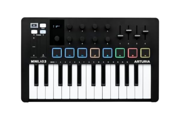 Arturia  – MiniLab 3 – universell MIDI-kontroll för musikproduktion, med allt-i-ett-programvarupaket – 25 knappar, 8 flerfärgade kuddar – svart
