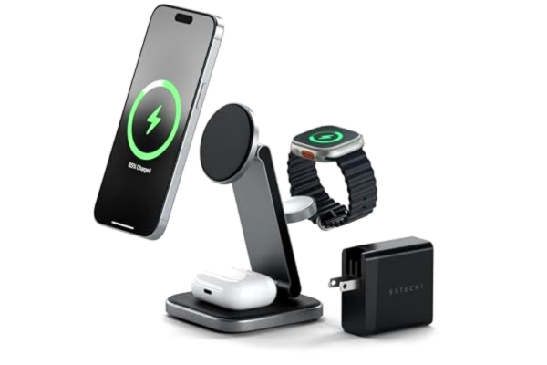 Satechi SATECHI 3-i-1 trådlös laddare, vikbar magnetisk laddningsstation, 15 W Qi2-certifierad för iPhone 16 till 12-serien, Apple Watch Series 10–7/SE/Ultra/Ultra 2 och AirPods Pro, 4 (ANC)/3/2