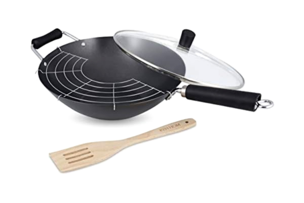 Ken Hom  KH431041 Carbon Steel Non Stick Wok Set | 31 cm | Excellence | Induction Hobs/Metal Tool Safe/Phenolic Handle | Includes Wok With Lid, Wok Utensil & Rack | Dishwasher Safe/2 Year Guarantee