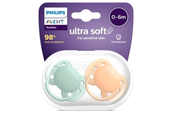 Philips  Avent Ultra Soft Dummy 2-pack – BPA-fri napp för spädbarn från 0 till 6 månader, grön/orange pastell (modell SCF091/03)