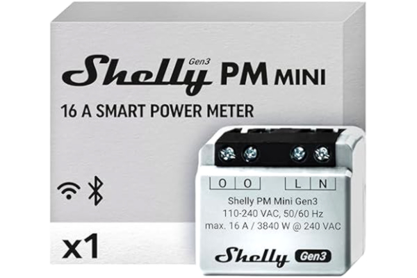 Shelly  PM Mini Gen3 – WiFi Elmätare (inkluderar inte strömbrytare), 1 kanal 16A 240 VAC, Realtid Strömmätning, BLE-gateway, 8 MB minne, Stöd för skript och URL-åtgärder