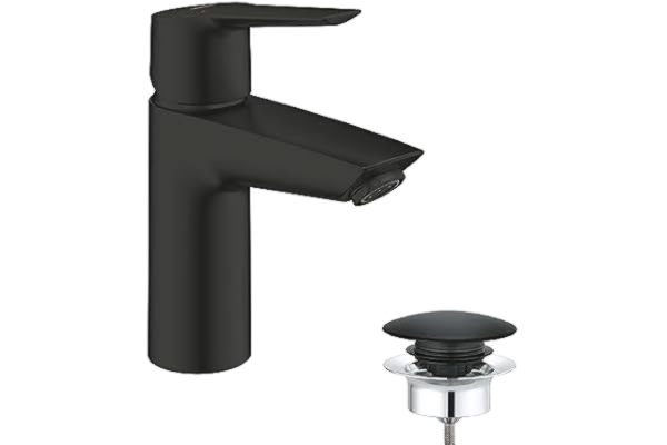 Grohe GROHE Start – badrumskran vattenbesparande (17 cm hög, med push-open avloppsarmatur, med monteringsverktyg), matt svart, 235502432
