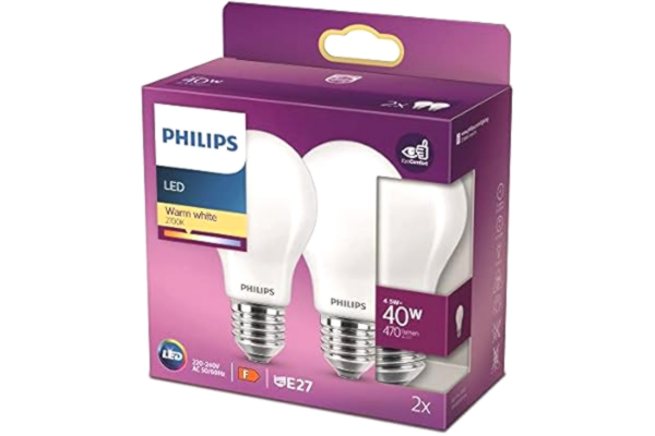 Philips  Classic LED-ljuskälla, 40W, E27, A60, Frostat glas, varmvitt ljus, 2700 kelvin, 15 000 timmar, Ej dimbar, 2-pack