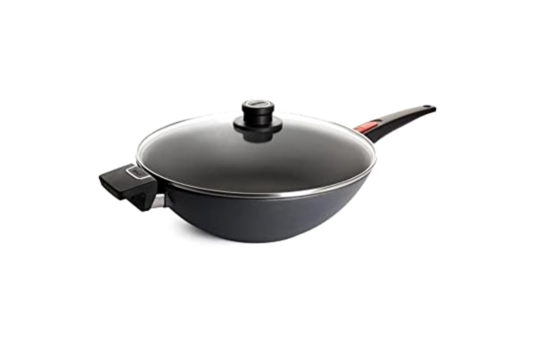 Woll  11034DPSL Diamond Lite-Wok en Fonte pivotant et rührpfanne dans Une boîte avec Couvercle en Verre cm, diamètre 34 cm-Hauteur : 11 cm-Manche Amovible