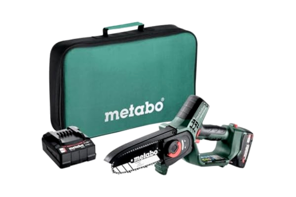 Metabo  batteridriven grensåg (träsåg med batteri/laddare, liten kedjesåg 15 cm, i verktygsväska, trädgårdssåg) – 600856500