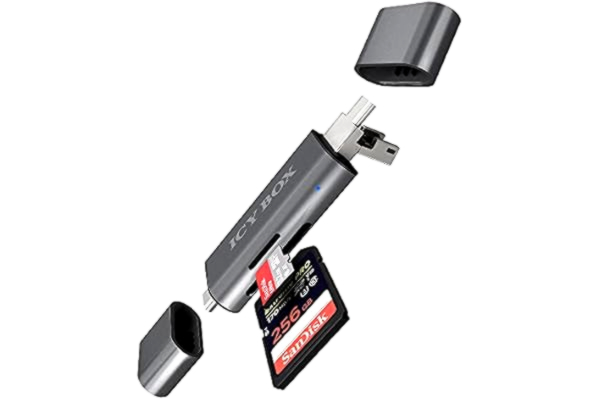 Icy Box ICY BOX USB OTG-kortläsarpinne för Android smartphone och surfplatta, SD och Micro SD, 3 USB-portar (USB-C, USB-A, Micro USB), extern, grå