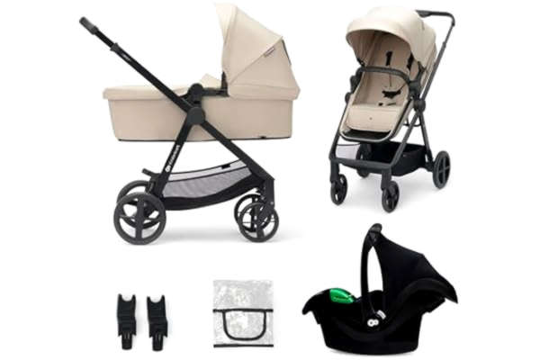 KinderKraft Kinderkraft NEWLY 3-i-1 i-Size, Travel System, MINK PRO, Barnvagnsset, Bilbarnstol, Sittvagn, Resevagn, Tillbehör, Från Födseln Till 22 kg, till ca 4 år, Lätt, 5-punktsbälten, Beige
