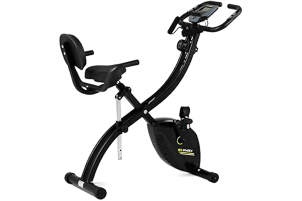 Gymrex  Vélo D'Intérieur De Fitness D'Appartement Stationnaire Avec Dossier GR-MG36 (Roue D’Inertie De 1,5 kg, Capacité De 120 kg, Hauteur de selle De 75-84 cm, Pliable, Roulettes De Transport, Noir)