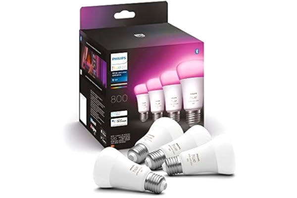 Philips  Hue White & Color E27 6.5W Smart LEDlampa (4pack), dimbar smart hem belysning med 16 miljoner färger &, för sovrum & vardagsrum, Bluetooth/Zigbee, röststyrning med Alexa, Google & Siri