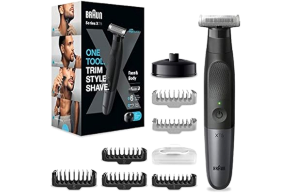 Braun  Serie X, elektrisk hybridtrimmer för män, ansikte och kropp, med 6 kammar, innovativt 4D-blad, skägg- och kroppskärare, skinshield, tvåvägs clog, flexibelt huvud