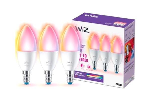 WiZ  smart E14 LED-lampa i 3-pack - 40W, med 16 miljoner färger + vita skärmar, WLAN/Bluetooth, röst-/appstyrning, fungerar med Google Home, Alexa och HomeKit