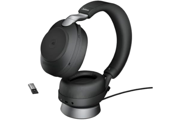 Jabra  Evolve2 85 trådlöst headset med laddningsstation - Bullerdämpande Microsoft Teams-certifierade stereohörlurar med lång batteritid - USB-C Bluetooth-adapter - svart