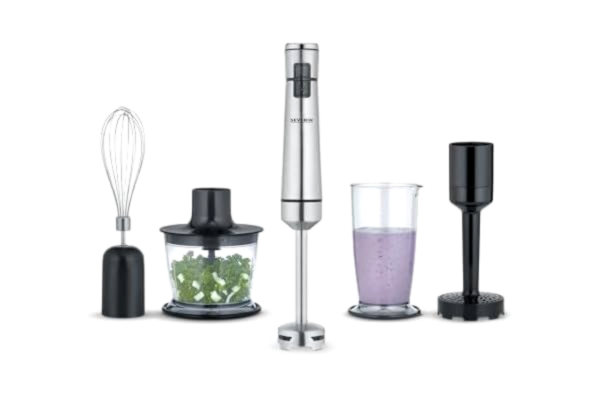 Severin SEVERIN Sladdlös stavmixer med premiumset, löstagbar mixerstav, med mixer, multihackare, mixerkanna, potatismosare & visp, svart/borstat rostfritt stål, SM 3775