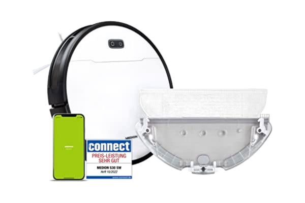 Medion MEDION Robotstofzuiger met dweilfunctie en intelligente navigatie S30 SW (2.800 Pa, Alexa app-bediening, parallel stofzuigen/dweilen, 140 min., regelbare waterafgifte, geoptimaliseerd voor mensen met