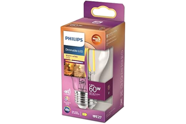 Philips  LED Classic E27 WarmGlow lampa, 60 W, droppform, dimbar, klar, varmvit