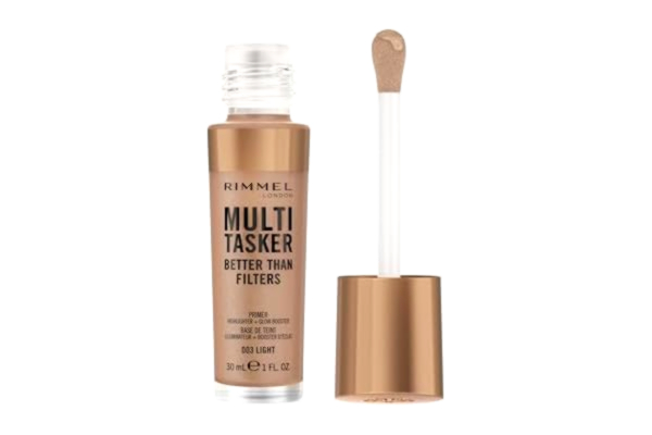 Rimmel  Multi Tasker Better Than Filters, 3-i-1 hudprimer, ljusförstärkare och överstrykningspenna för en naturlig jämn glöd, infuserad med C-vitaminer, vegan och grymhetsfri, 003 ljus