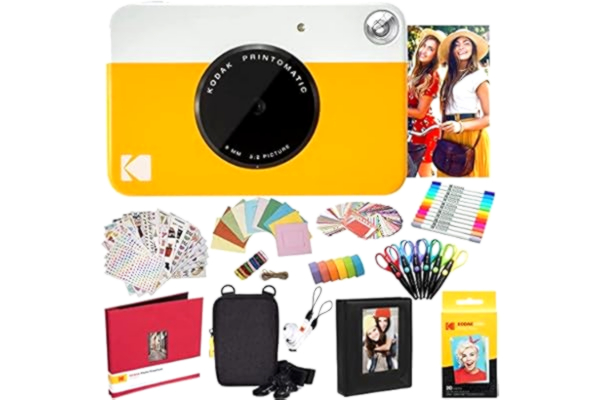 Kodak KODAK Printomatic Instant Camera (Geel) All-in-Bundle + Zink Papier (20 Vellen) + Case + Fotoalbum + 7 Stickersets + Markers + Schaar