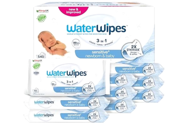 WaterWipes  Sensitive+ Newborn & Baby Wipes, Våtservetter för nyfödda och spädbarn, 540 st (9-pack), 3-i-1 rengör, vårdar och skyddar, 99,9% vatten, oparfymerade