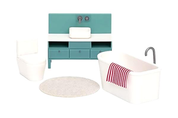 Lundby  Dockhusmöbler Tillbehör för Badrum till Dockskåp Leksaker Dockhus Accessoarer för 11cm Dockor -Badkar, Handfat, Toalett, Matta, Handduk - Ålder 4 år Skala 1:18