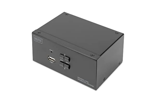 Digitus DIGITUS KVM Switch DisplayPort – 2 portar med dubbla skärmar – 2 PC 2 monitorer – 1x mus, tangentbord och ljud för 2 datorer – UHD 4K@60Hz (3840 x 2160p) – Hot-Key KVM Switch – 1x USB 2.0 Hub – Svart