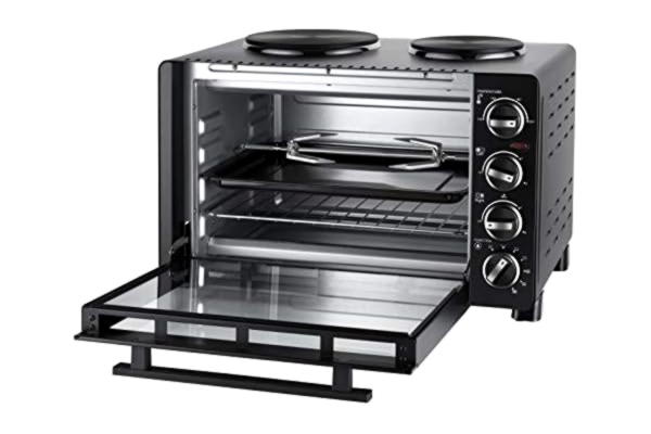 Unold  68885 All in One miniugn – 30 l matlagningsrum, 600–1 000 watt kokplattor, flexibla temperaturinställningar, dubbelglaserad dörr, hittisolerat ytterhölje, integrerat roterande spett