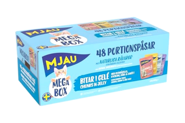 Mjau  MEGABOX 48 x 85 g kött och fisk i gelé, kattmat med lax, kyckling, räkor och nötkött – våtfoder för katter i ett värdepaket