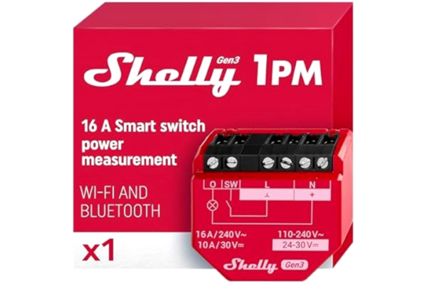 Shelly  1PM Gen3 – Smart hem Wi-Fi-strömbrytare med med Strömmätare, 1 kanal 16 A, fjärrkontroll via app, Alexa & Google Home-kompatibel, Ingen hubb krävs, 8MB Shelly chip