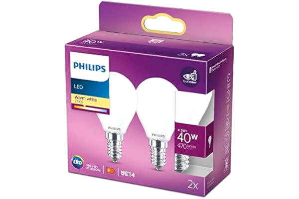 Philips  Classic LED-ljuskälla, 40W, E14, P45, Frostat glas, varmvitt ljus, 2700 kelvin, 15 000 timmar, Ej dimbar, 2-pack