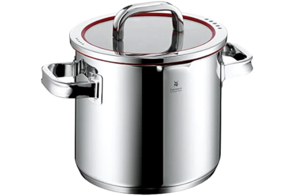 WMF  Function 4 garnek do zupy indukcja 20 cm, szklana pokrywka, garnek do gotowania 5,3 l, polerowana stal nierdzewna Cromargan, 4 funkcje odcedzania, skala wewnętrzna, czerwony