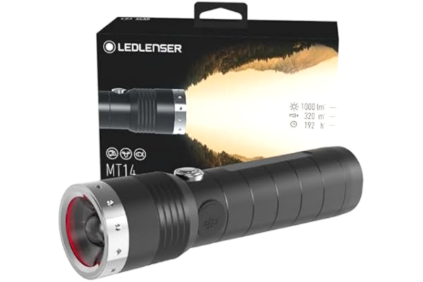 LED Lenser Ledlenser MT14 utomhus ficklampa LED, laddningsbart 26650 litiumbatteri, 1000 lumen, fokuserbar, ljusräckvidd 320 m, lystid upp till 192 timmar, frontbrytare, enhandsmanövrering