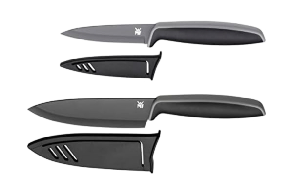 WMF  Touch 01879086100 Messenset 2-delig zwart, Koksmes (13 cm), Universeelmes (9 cm), Speciaal Lemmetstaal, Anti-Slip Soft-Touch Handvat, Corrosiebestendig, Zuurbestendig, Incl. Beschermkap,