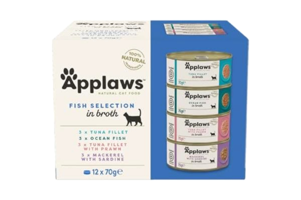 Applaws  100% naturligt premiumvåtfoder för vuxna katter, fisk-multipack urval i buljong – förpackning med 12 x 70 g burkar