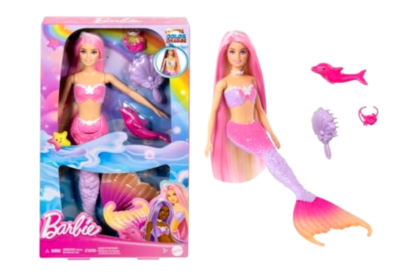 Barbie -sjöjungfrudocka, ”Malibu” med rosa hår, stylingtillbehör, delfin som husdjur och vattenaktiverad färgförändringsfunktion, HRP97
