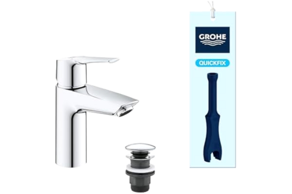 Grohe GROHE QUICKFIX Start – enhand – tvättställskran (vattenbesparande, inkl. 3-i-1 monteringsverktyg, med temperaturbegränsare, snabb montering), krom, 23550002