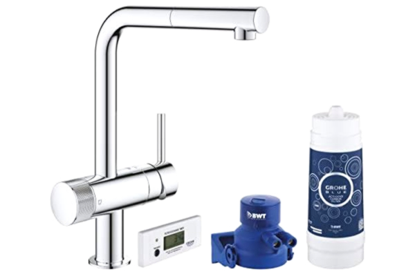 Grohe GROHE Robinet de cuisine avec système de filtration complet Blue Pure Minta, filtre charbon actif, goût premium, bec en forme de L, finition chromée, 30382000 (Import Allemagne)
