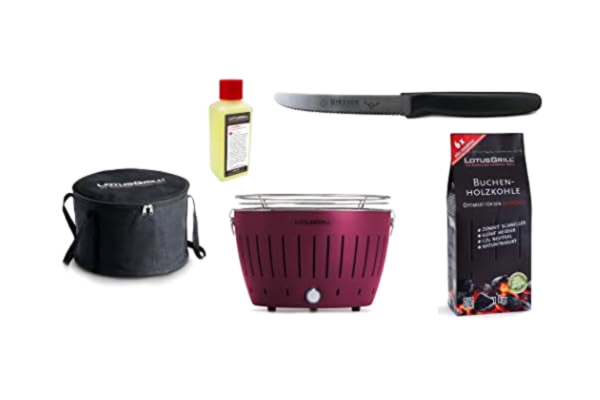 LotusGrill  S Small Compact starterset pruimenpaars de rauw charme houtskoolgrill met 1 kg beukenhoutskool, 200 ml brandpasta, 1x universeel mes en 1x tas. Stroomvoorziening via USB of powerbank