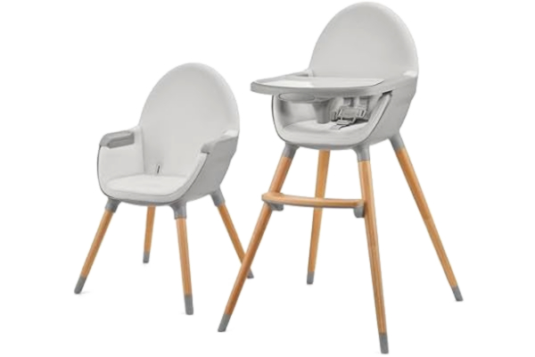 KinderKraft Kinderkraft FINI 2 Hög barnstol 2-i-1, hög barnmatstol, barnstol, kombistol, träben, sele, fotstöd, dubbelbricka, från 6 månader till 5 år, 5-punktssele, Grå